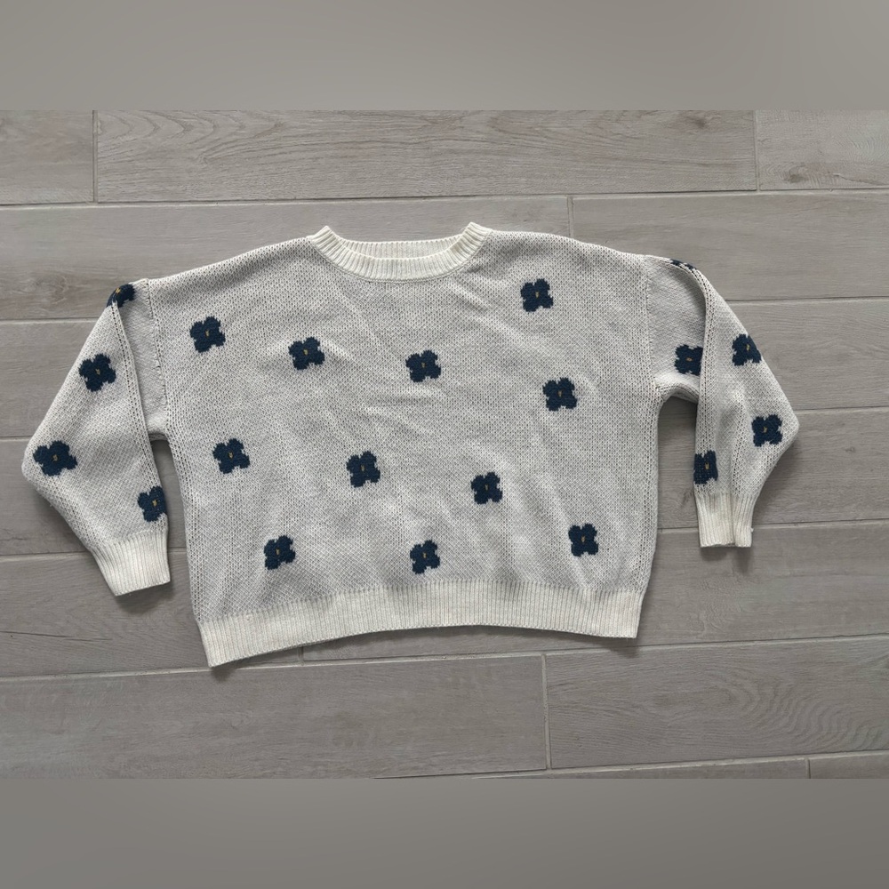 SHEIN Cream Crewneck Sweater with Navy Floral Dots
